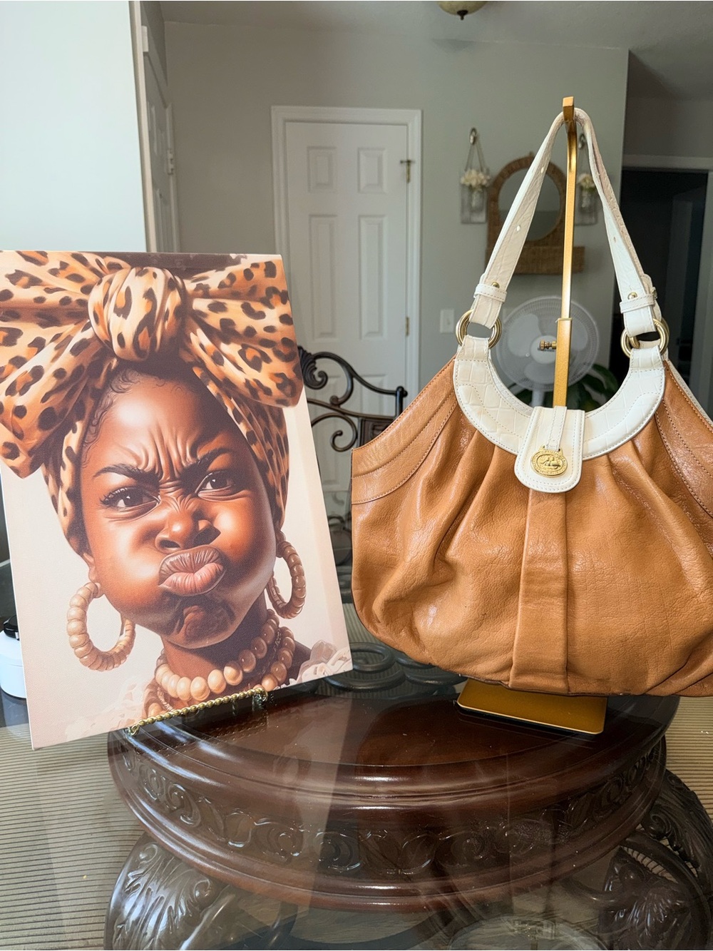 Brahmin Cream and Gold Leather Shoulder Bag